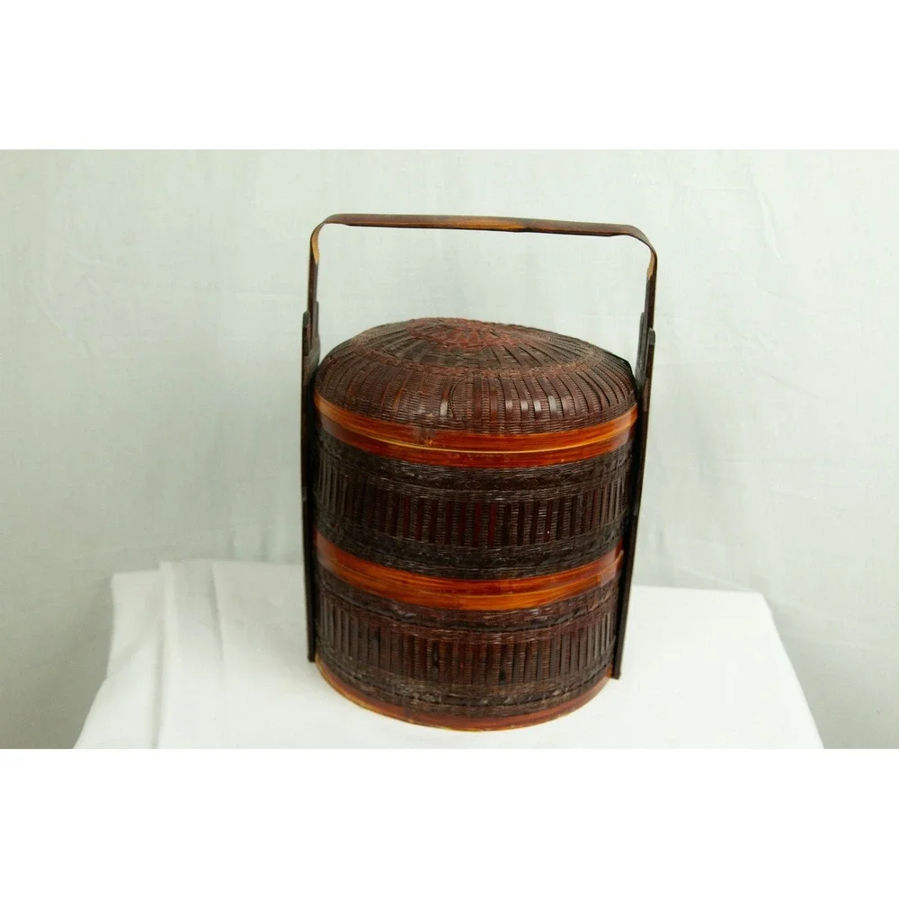 Vintage Chinese Wedding Basket 2 Tier Woven Bamboo Lacquered Picnic Carrier